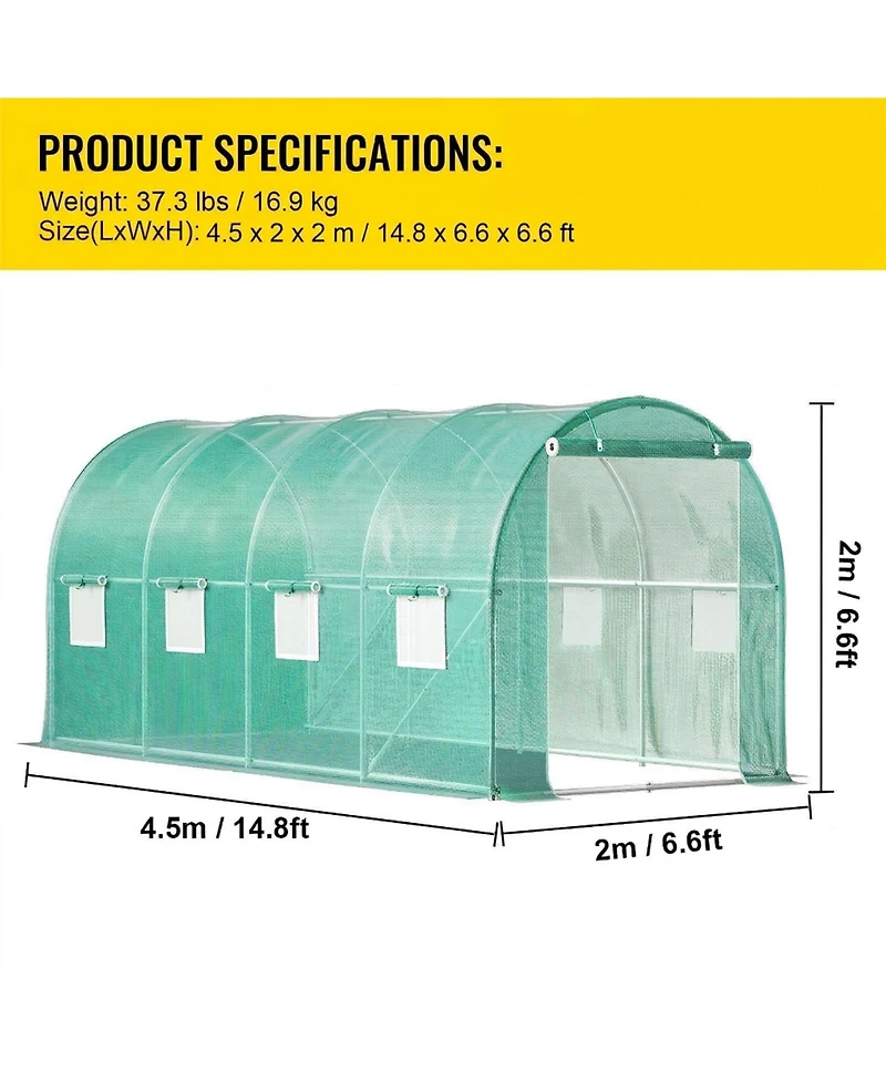 Sugift Walk-in Tunnel Greenhouse 15 x 7 x 7 ft Portable With Zippered Door and 8 Mesh Windows