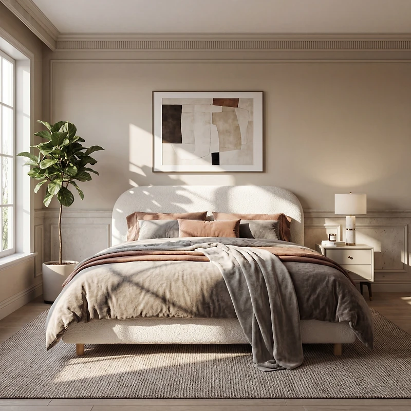 Streamdale Furniture Boucle Queen Upholstered Bed, Curved Headboard