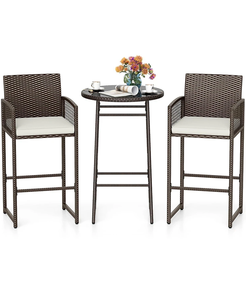 Gouun 3-Piece Outdoor Wicker Bar Set with Tempered Glass Round Table and 2 Cushioned Armchairs