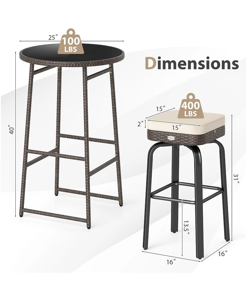 Gouun 3-Piece Outdoor 360-Degree Swivel Pe Rattan Bar Set with Tempered Glass Table