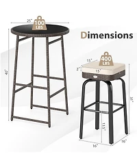 Gouun 3-Piece Outdoor 360-Degree Swivel Pe Rattan Bar Set with Tempered Glass Table