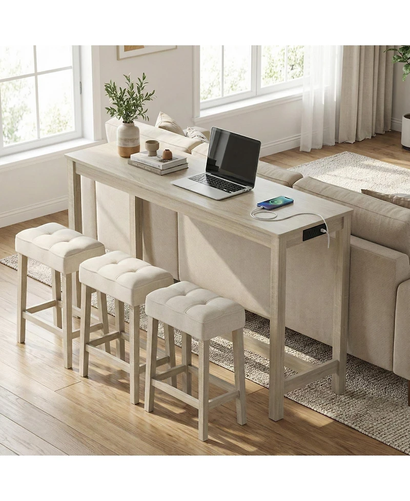 Gouun 4-Piece Counter Height Bar Table Set with 3 Upholstered Stools and Built-in Charging Station, 59 x 20 x 35.5 in
