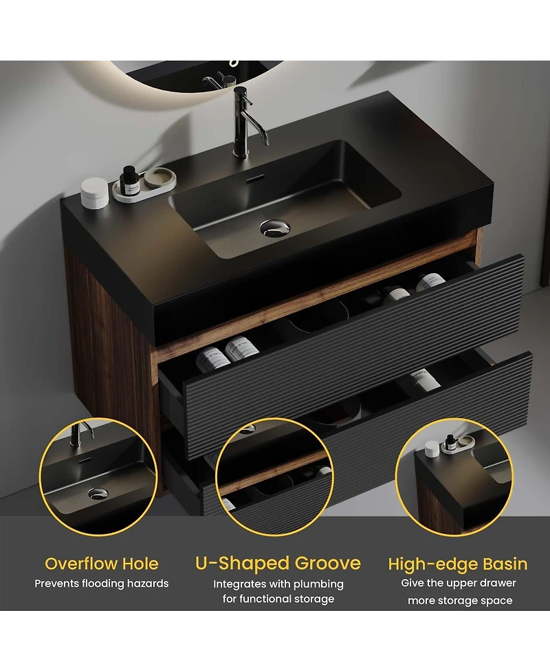 Sillysis Wall Mounted Bathroom Vanity with Sink, Double Soft Close Drawers, Floating Mid Century Modern Storage