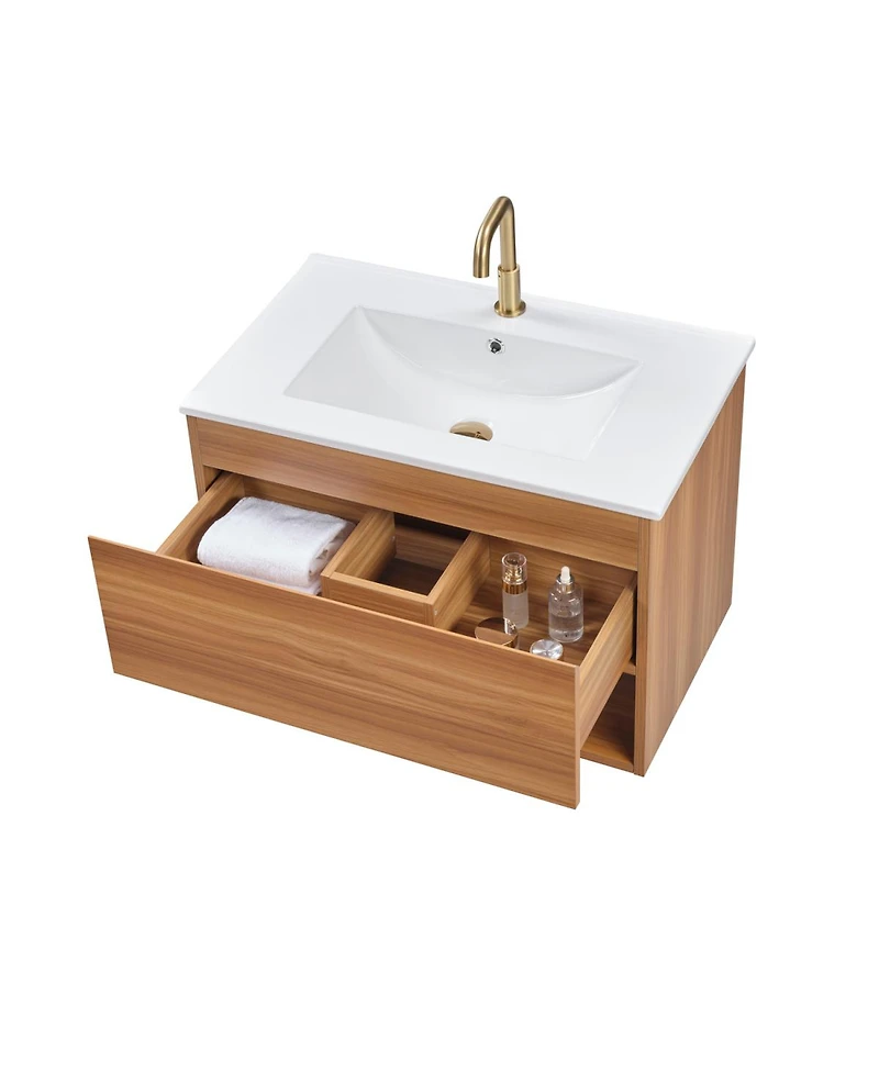 Sillysis Wall Mounted Bathroom Vanity with Sink, Modern Walnut Mdf Cabinet, Large Drawer Storage for Small Space