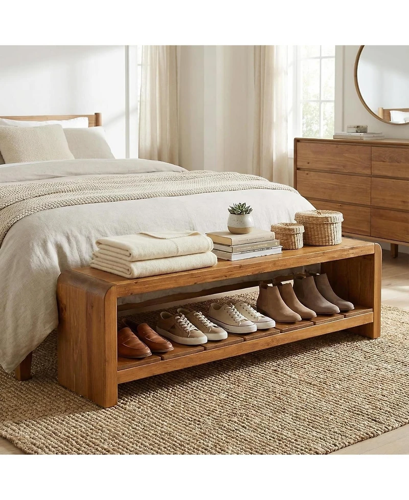 Tribesigns Solid Wood Entryway Bench with Shoe Storage, Long Bench,2-Tier End of Bed Seating