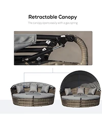 Outsunny 4-Piece Rattan Patio Furniture Set, Round Convertible Daybed or Sunbed with Adjustable Sun Canopy, Sectional Sofa, 2 Chairs, Table