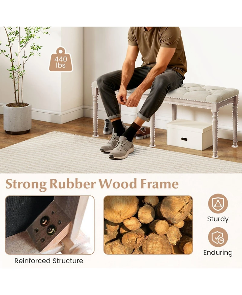 Gouun Button-Tufted Upholstered Bench with Carved Rubber Wood Legs