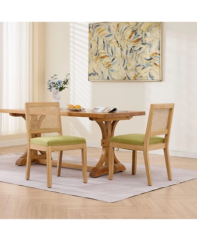 Rainsken Farmhouse Rattan Dining Chairs Set of 2, Mid Century Modern Kitchen Chairs with Square Back and Solid Wood Frame for Dining Room