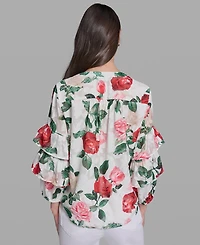 Karl Lagerfeld Paris Petite Ruffle-Sleeve Rose Print Blouse