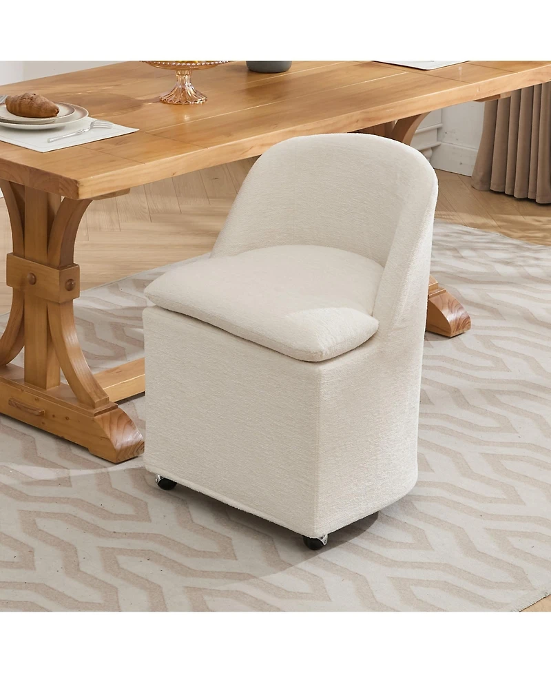 Rainsken Rolling Dining Chairs Set of 2, Chenille Upholstered Kitchen Chairs with Universal Wheels and Curved Backrest for Dining Room, Living Room