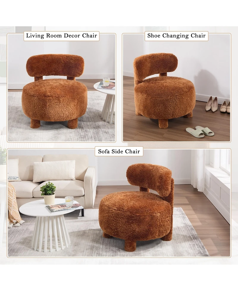 Rainsken Fur Fabric Accent Chair, Upholstered Slipper Side Chair with Curved Backrest and Solid Wooden Legs for Living Room, Reading Room