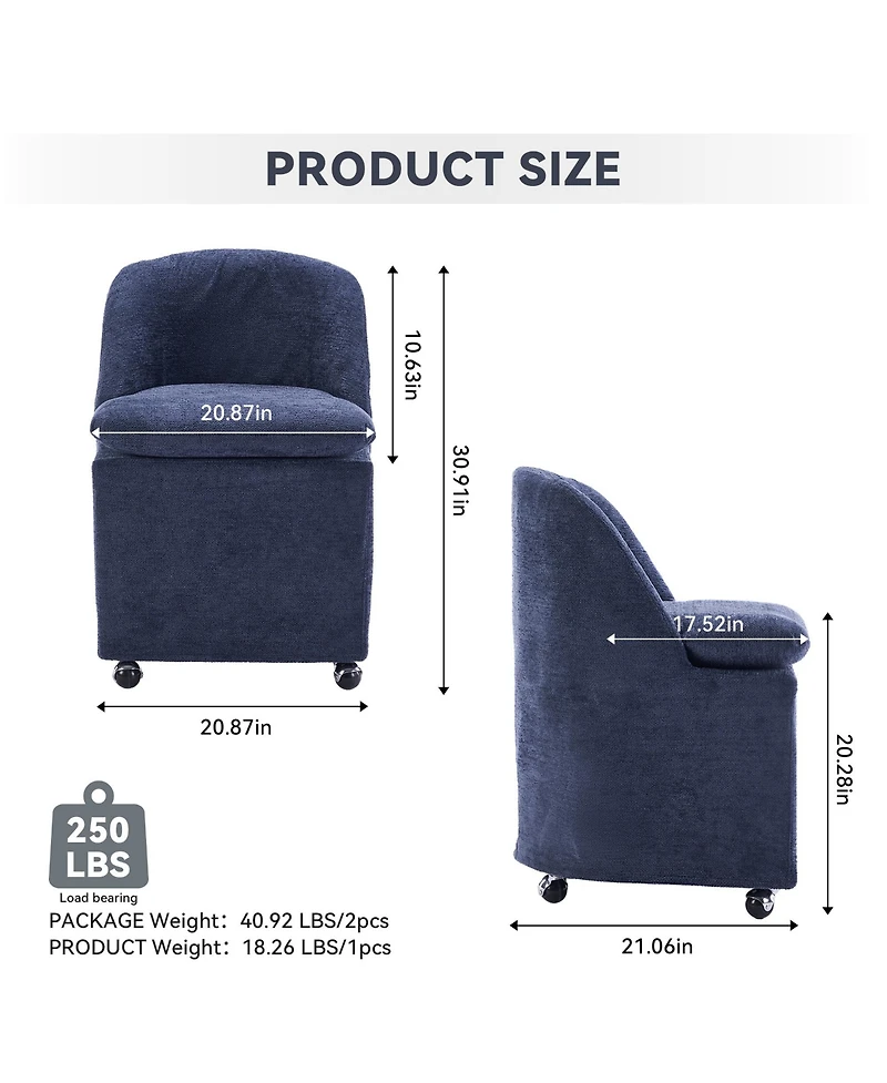 Rainsken Chenille Upholstered Rolling Dining Chairs Set of 2 with Universal Wheels and Curved Backrest, Suitable for Dining Room and Living Room
