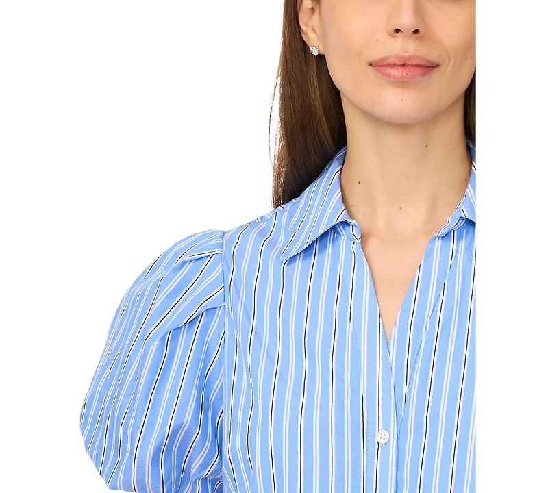 CeCe Women's Short-Sleeve Collared Midi Tiered Cotton Shirt Dress