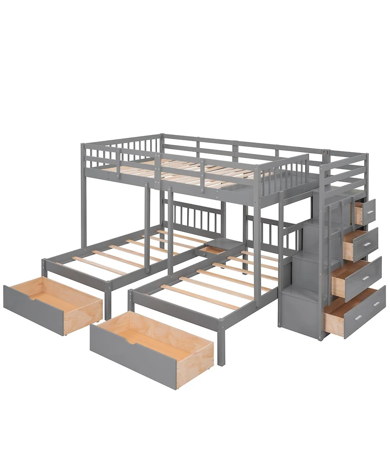 Streamdale Furniture Wood Triple Bunk Bed with Drawers and Guardrails