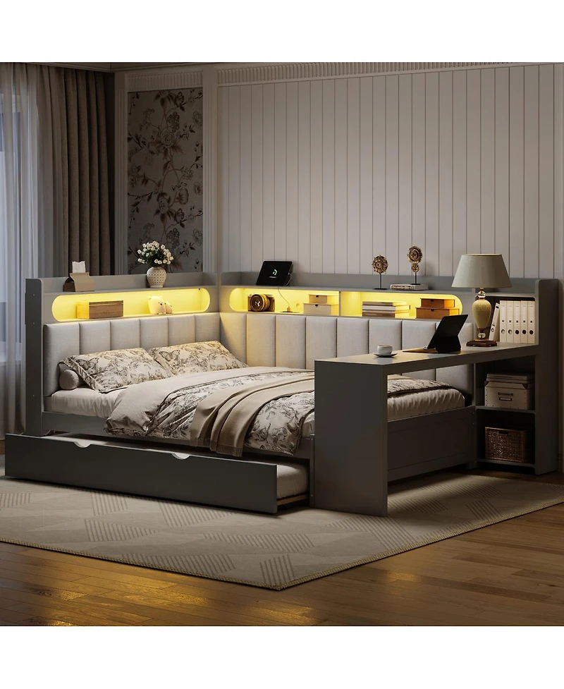 Streamdale Furniture Full Daybed w/Storage, Trundle, Charging, Led, Desk