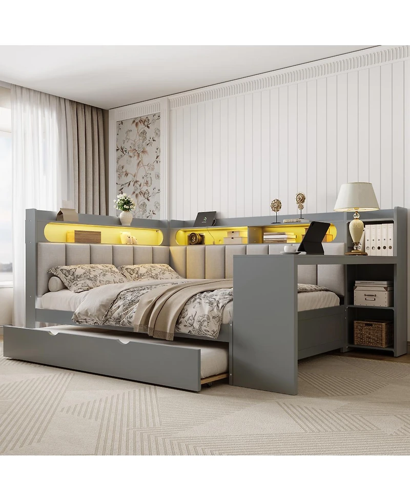 Streamdale Furniture Full Daybed w/Storage, Trundle, Charging, Led, Desk