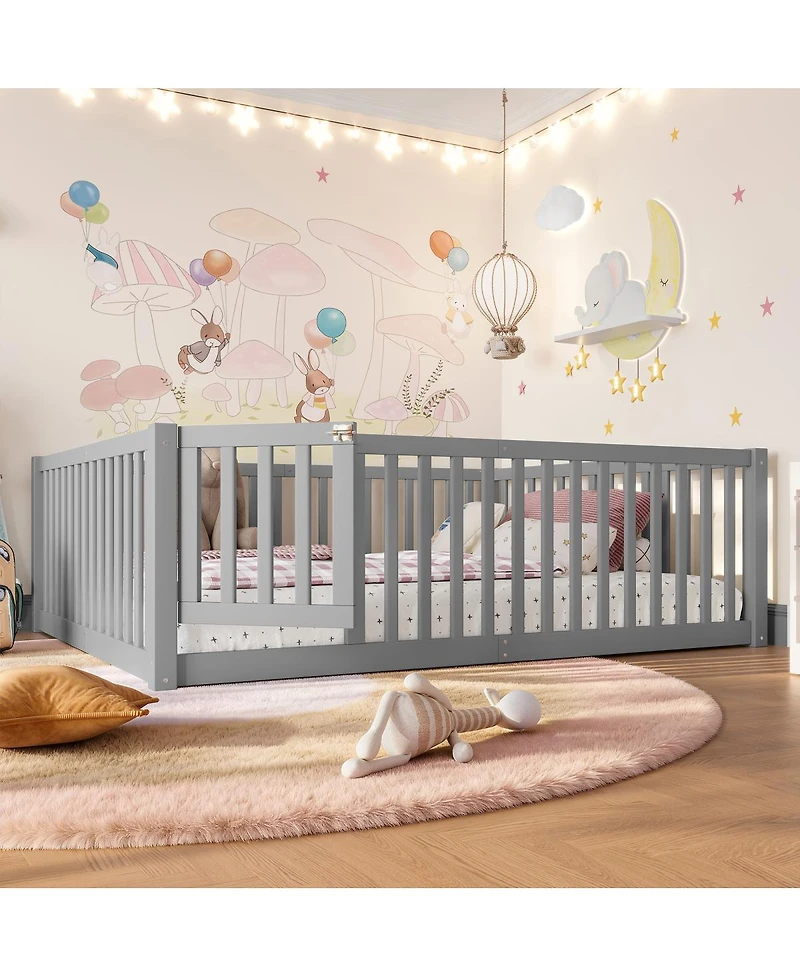 Streamdale Furniture Full Size Bed Floor Bed with Safety Guardrails and Door for Kids
