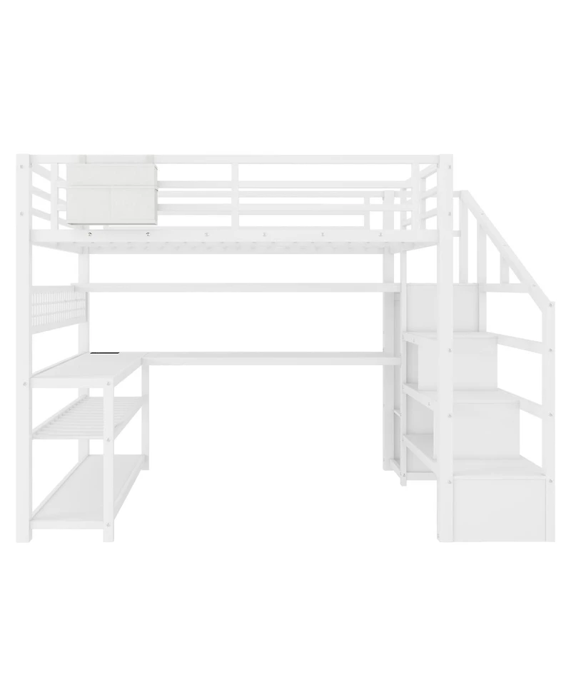 Streamdale Furniture Metal Loft Bed w/Stairs, Desk, Storage, Lights, Charge Station
