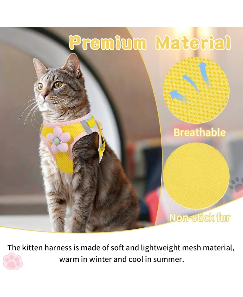 Aronkl Cat Harness Leash Set Escape Proof Adjustable Breathable Mesh Reflective Strips Flower Cute Walking