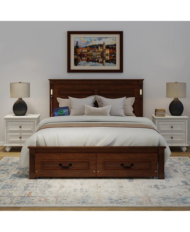 Streamdale Furniture Led Storage Bed w/Usb, Walnut Pinewood Frame