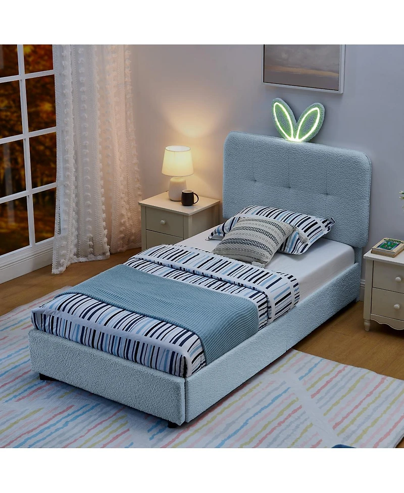 Streamdale Furniture Twin Rabbit Ear Upholstered Bed w/Led and 4 Drawers
