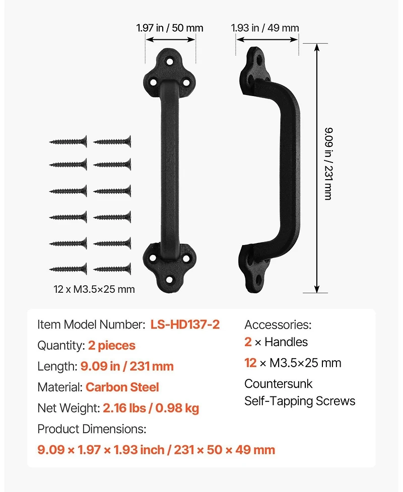 Sugift Barn Door Handle, 2Pcs 9" Rustic Steel Gate Handles for Outdoor Use