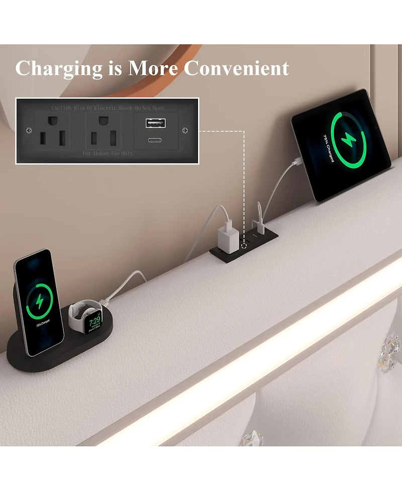 Streamdale Furniture Led Upholstered Bed w/ Charging Station and Diamond Headboard