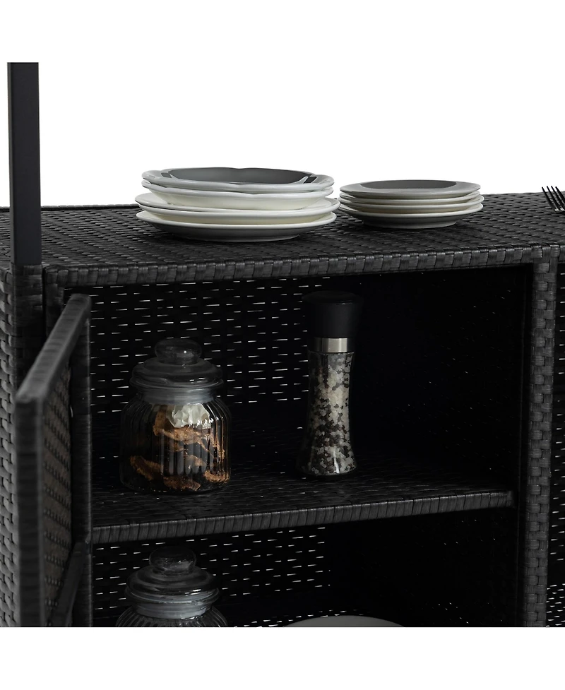 sumyeg Outdoor Wicker Bar Cart with Wheels, Rattan Beverage Serving Cart with Glass Top for Patio