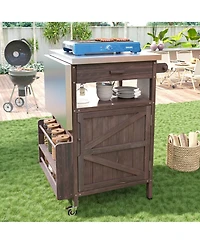 sumyeg 40.5inch Outdoor Grill Cart with Stainless Steel Top, Solid Wood Storage Cabinet with Drop Leaf, Drawer, Towel Rack and Lockable Wheels