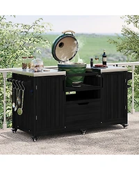 sumyeg 66.5inch Outdoor Kitchen Island for Big Egg Grills, Solid Wood Grill Cart with Stainless Steel Top, Drawer