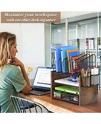 Gnuadz Mesh Desk Organizer 4-Tier Wooden File 5 Holders 2 Pen Drawer