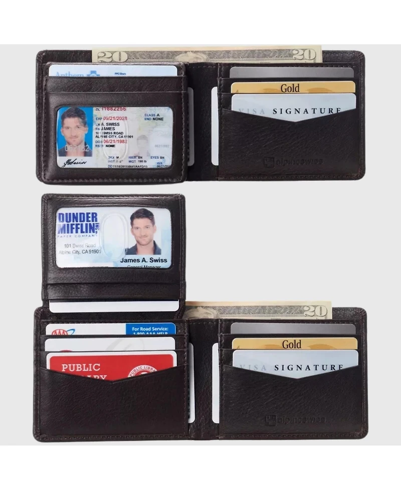 Alpine Swiss Mens Genuine Leather Passcase Bifold Wallet Rfid Safe 2 Id Windows