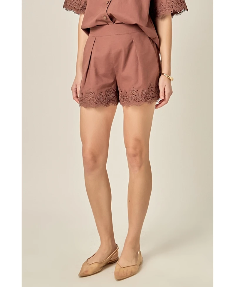 English Factory Women's Linen Lace Shorts