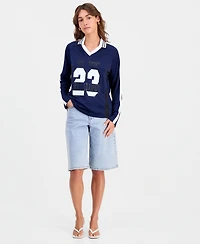 Bar Iii Women's Sporty Graphic Long-Sleeve Polo Top, Macy's Exclusive