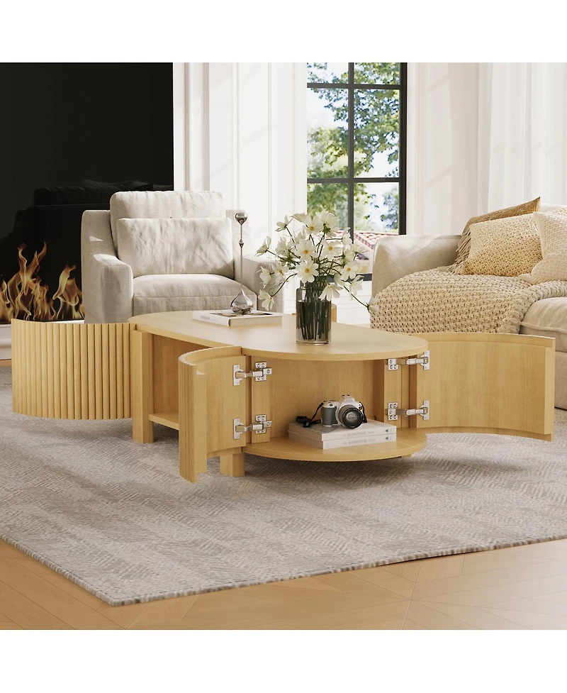 Streamdale Furniture Oval Fluted Coffee Table with Storage, Rubber Solid Wood, Natural, 47