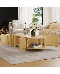 Streamdale Furniture Oval Fluted Coffee Table with Storage, Rubber Solid Wood, Natural, 47