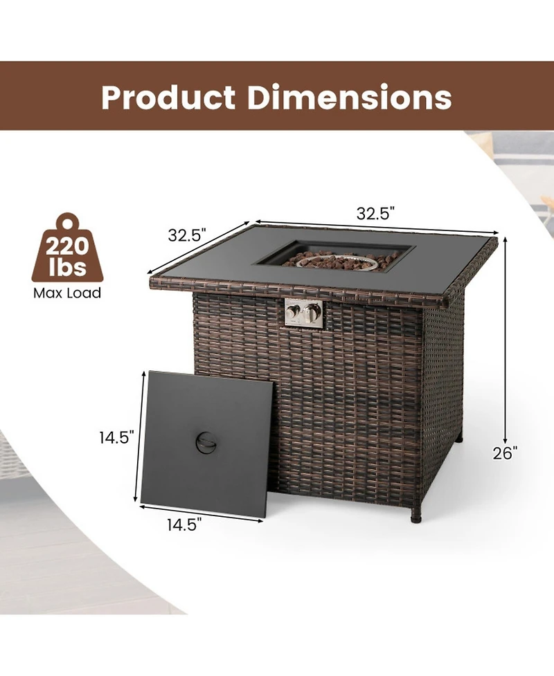 Gouun 32.5 in Square Propane Fire Pit Table 50000 Btu with Tempered Glass Top