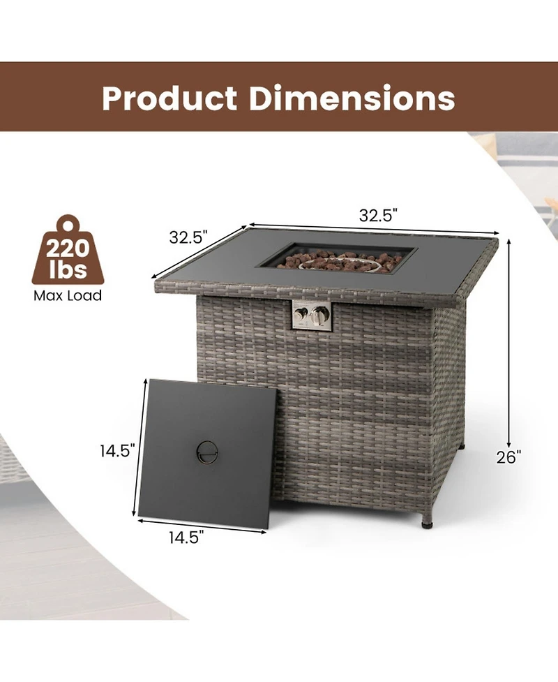 Gouun 32.5 in Square Gas Fire Pit Table 50000 Btu, Tempered Glass Tabletop with Cover