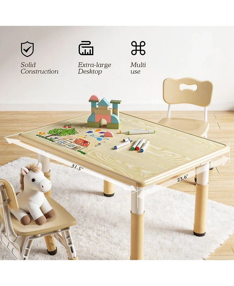 Kinder King Kids Height-Adjustable Table and 2 Chairs Set with 31.5''W Easy-Clean Top, Beige