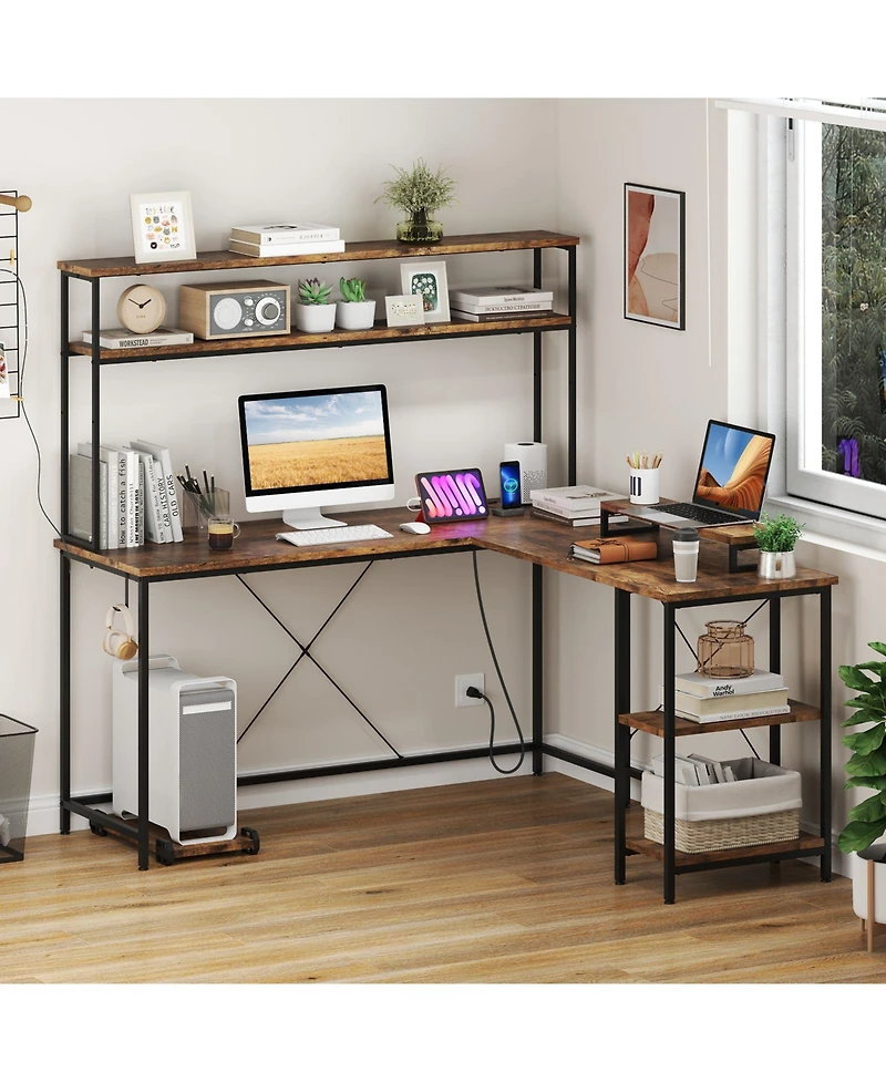 Sugift L-Shaped Reversible Gaming Desk with Led Strip and Power Outlets Hutch Monitor Stand