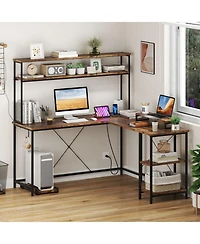 Sugift L-Shaped Reversible Gaming Desk with Led Strip and Power Outlets Hutch Monitor Stand