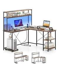 Sugift L-Shaped Reversible Gaming Desk with Led Strip and Power Outlets Hutch Monitor Stand