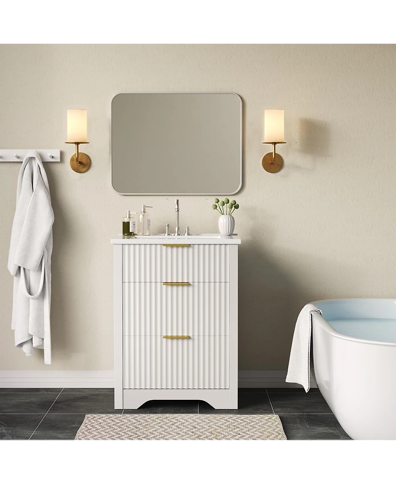 homfan Fluted Bathroom Vanity with Sink, Farmhouse Freestanding Cabinet 2 Drawers and Flip Down Drawer, Easy Assembly