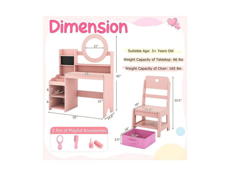 Slickblue Children s Lighted Vanity Desk Pretend Play Dressing Table