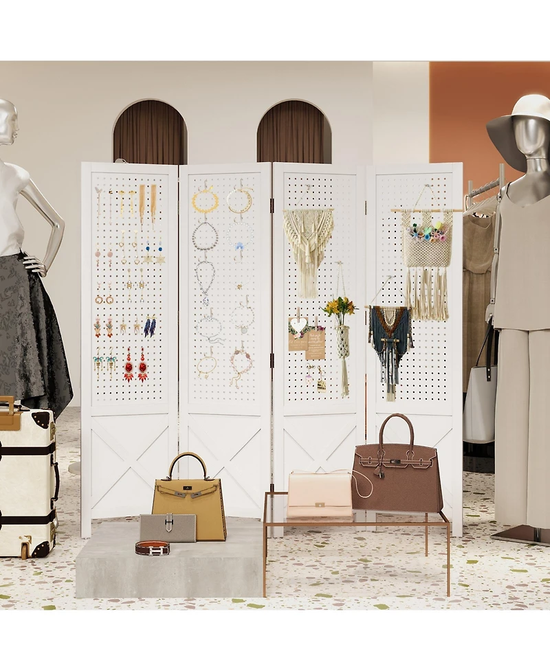 Slickblue Pegboard Display Stand 4 Panel Folding Room Divider with Wooden Frame