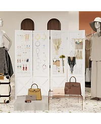 Slickblue Pegboard Display Stand 4 Panel Folding Room Divider with Wooden Frame