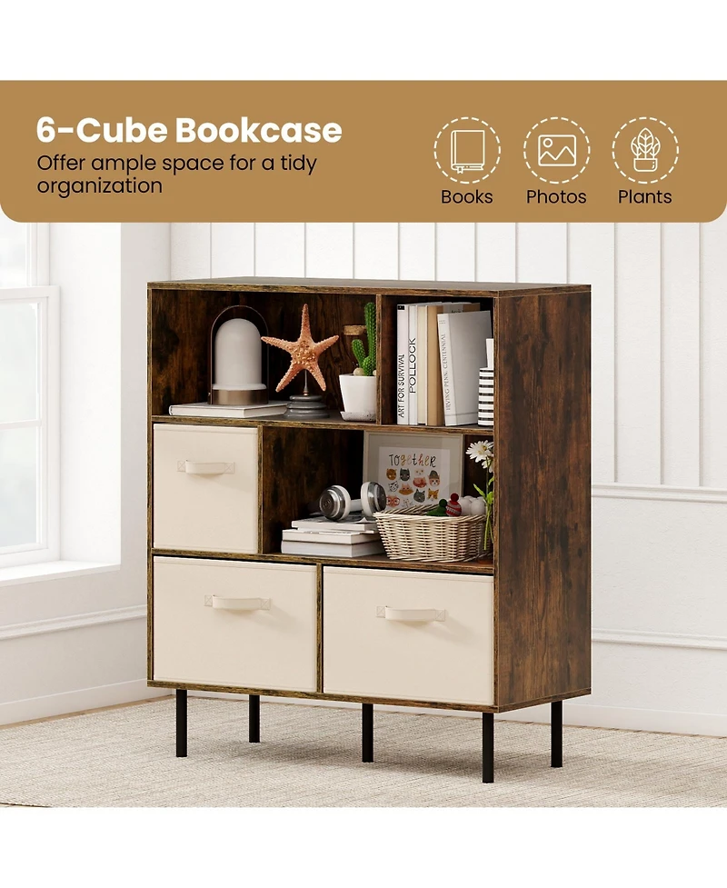 Sugift 6-Cube Bookshelf with 3 Removable Folding Fabric Drawers for Living Room