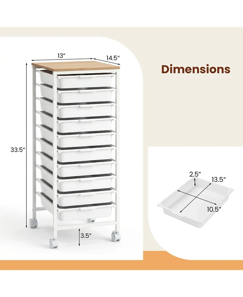 Sugift 10-Drawer Rolling Storage Cart Mobile Utility Organizer with Wooden Tabletop and Lockable Wheels