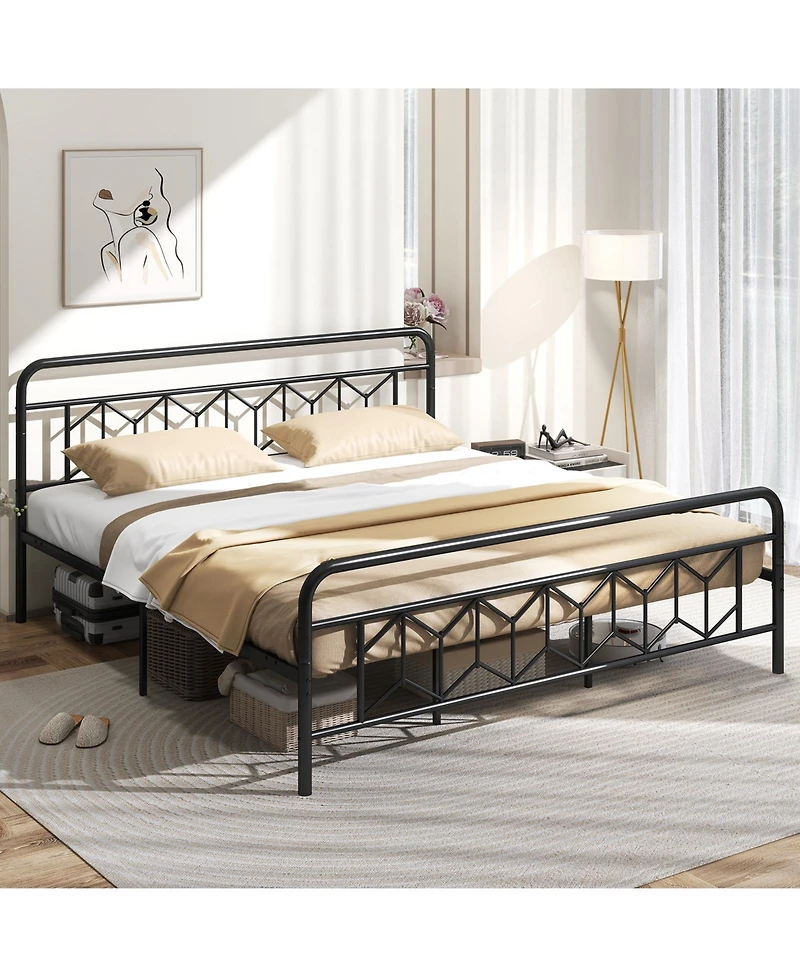 Gouun King Size Platform Bed with High Headboard and Snap Lock Metal Slats