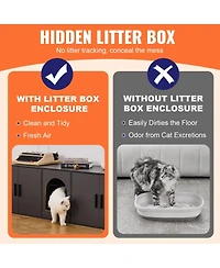 Inolait Wooden Cat Litter Box Enclosure Cabinet with Double Rooms for 2 Cats
